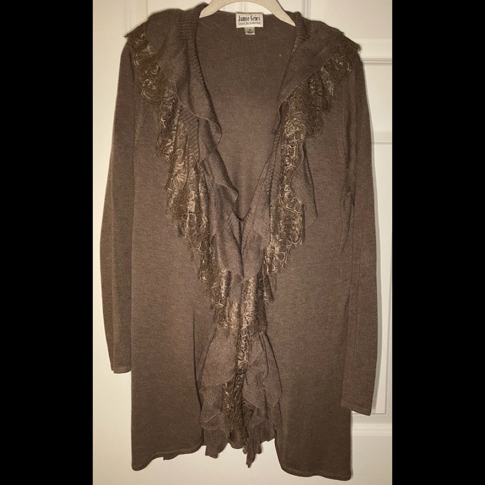 Jamie Gries Cozy Chic Collection cardigan with lace.